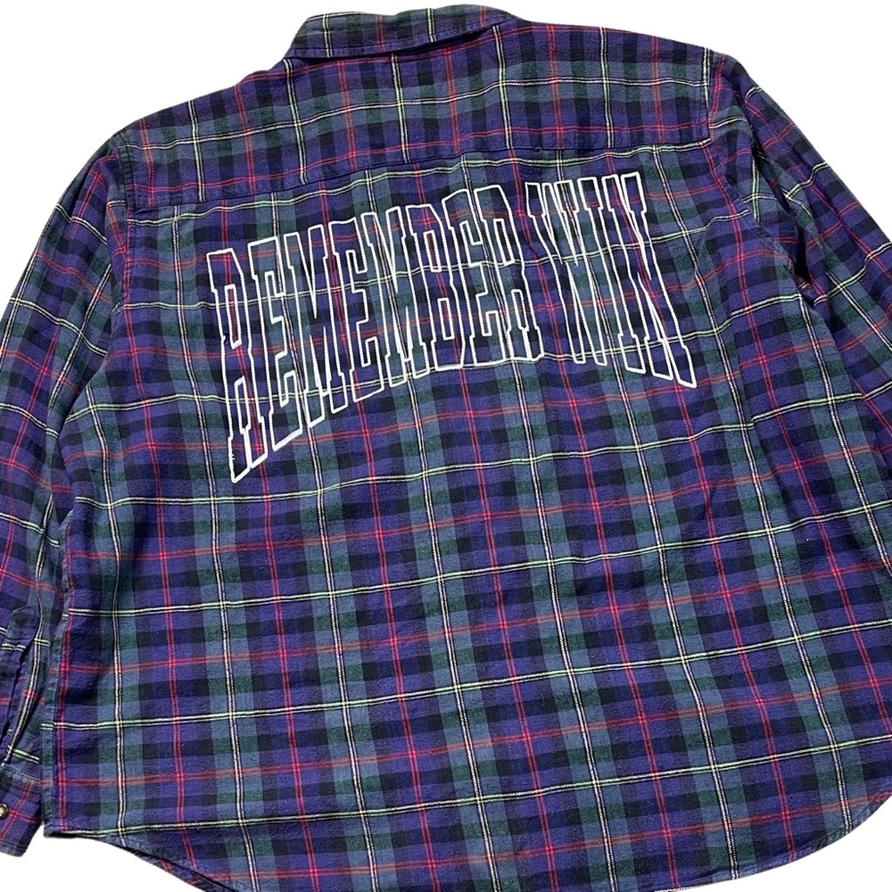 Plaid Flannel Button Up Shirt Remember Win Upcycle Purple Red